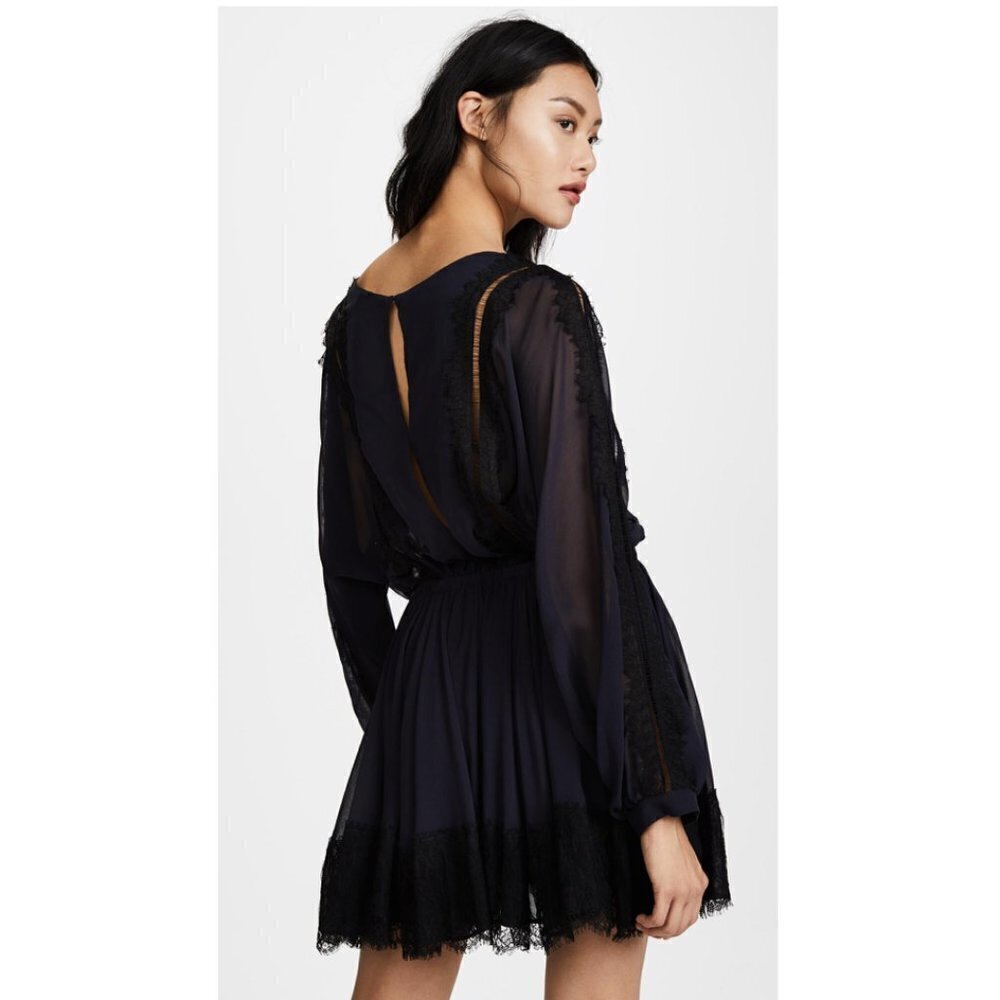 NEW LoveShackFancy 100% Silk Noelle Sheer Fairy Whimsigoth Mini Dress Lace Navy